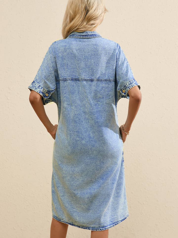 Light Blue Loose Medium Wash Chambray Dress with Short Sleeves for wholesale on Faire10