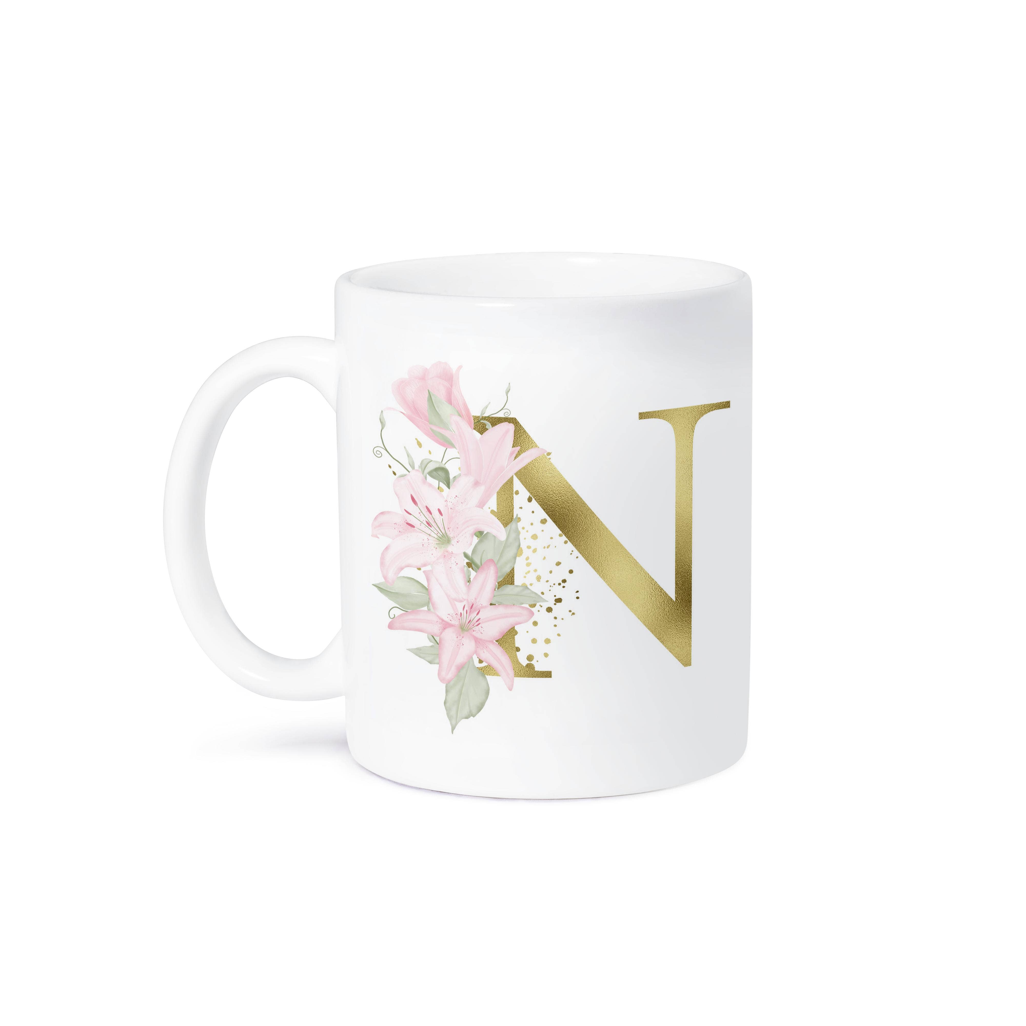 3dRose – wholesale Coffee mug – 3dRose, Pretty Pink Lily Floral Image Of Gold Monogram Initial N, Mug8