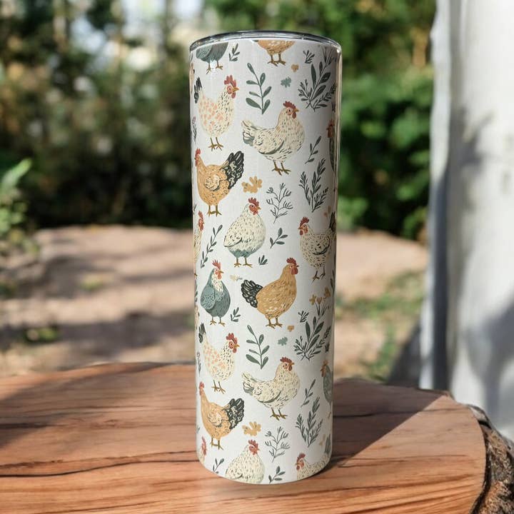 20 oz Chicken Tumbler – Vintage Floral Stainless Steel Travel Cup with Straw for wholesale by The Delightful Dabbler LLC