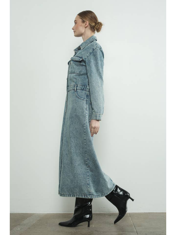 MAD2878 DENIM LAPEL COLLAR MAXI DRESS for wholesale on Faire