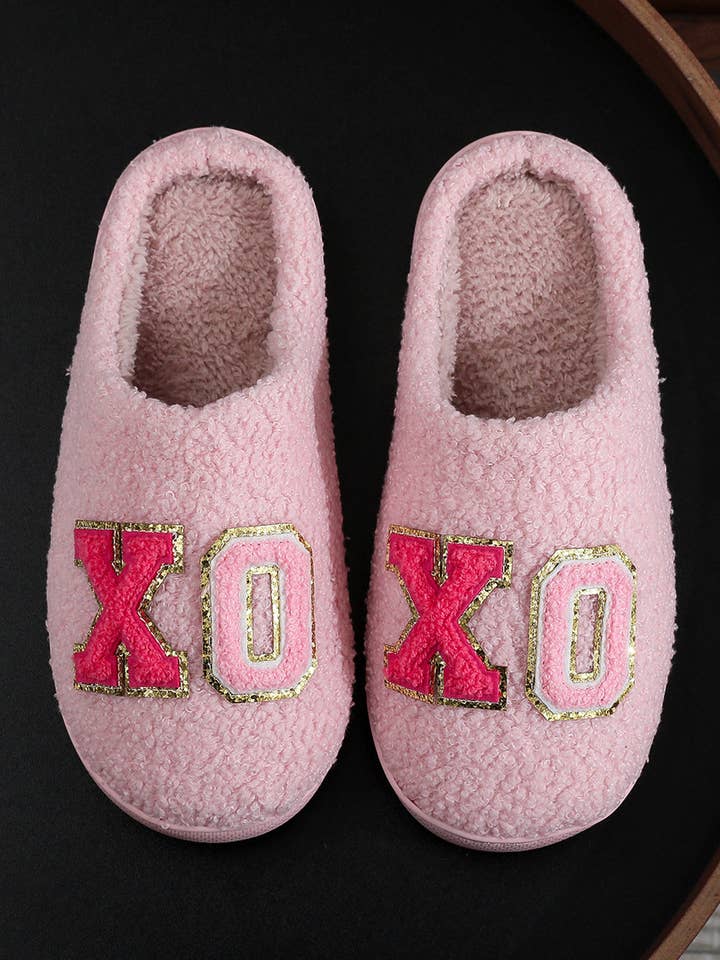 Pink XO XO Glitter Trim Letter Patched Plush House Slippers for wholesale by Molly & Me Boutique
