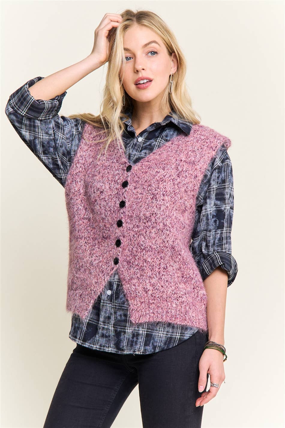 ADORA LA - Wholesale Outerwear Vest - Women's - CESW4158-BUTTON-UP FUZZY KNIT SWEATER VEST15