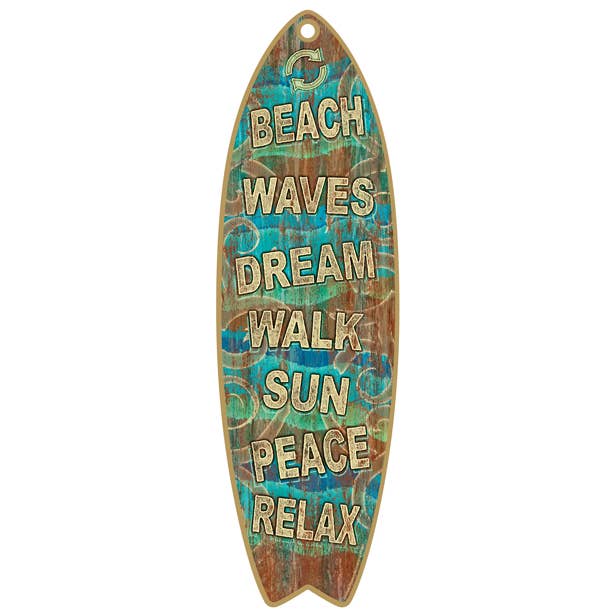 Beach Signs surfboard plaques, signs - measure 5" x 16" size for wholesale by SJT Enterprises, Inc.