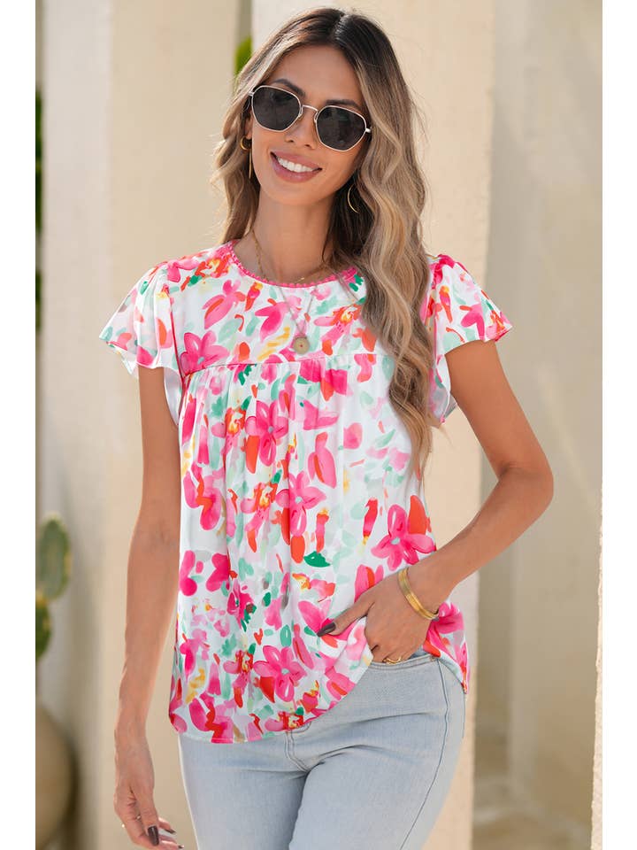 Rose LDC Floral Print Flutter Sleeve Round Neck Casual Blouse for wholesale on Faire