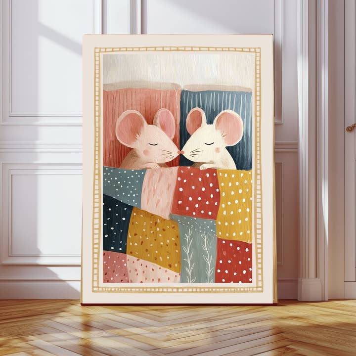 Cute Mice in Bed Vintage Nursery Art Print for wholesale by Kumo Art Prints