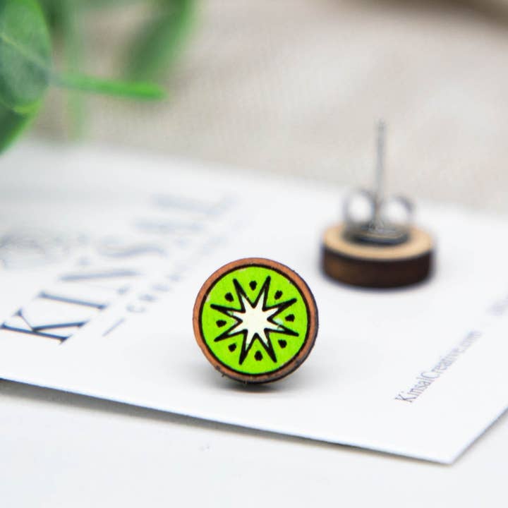 Kinsal Creative - Wholesale Stud/Post Earrings - Kiwi Slice Wood Stud Earrings