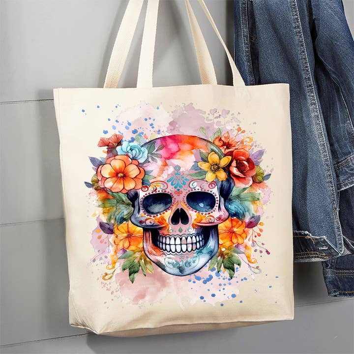 Day of the Dead Farverig Sugar Skull lærredstaske for engroshandel hos Avery Lane Gifts