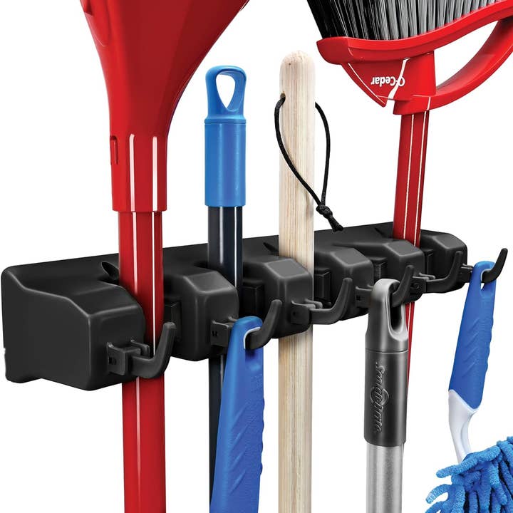 Wall Mount Mop & Broom Holder, 5 position with 6 hooks Black for wholesale by Sagler