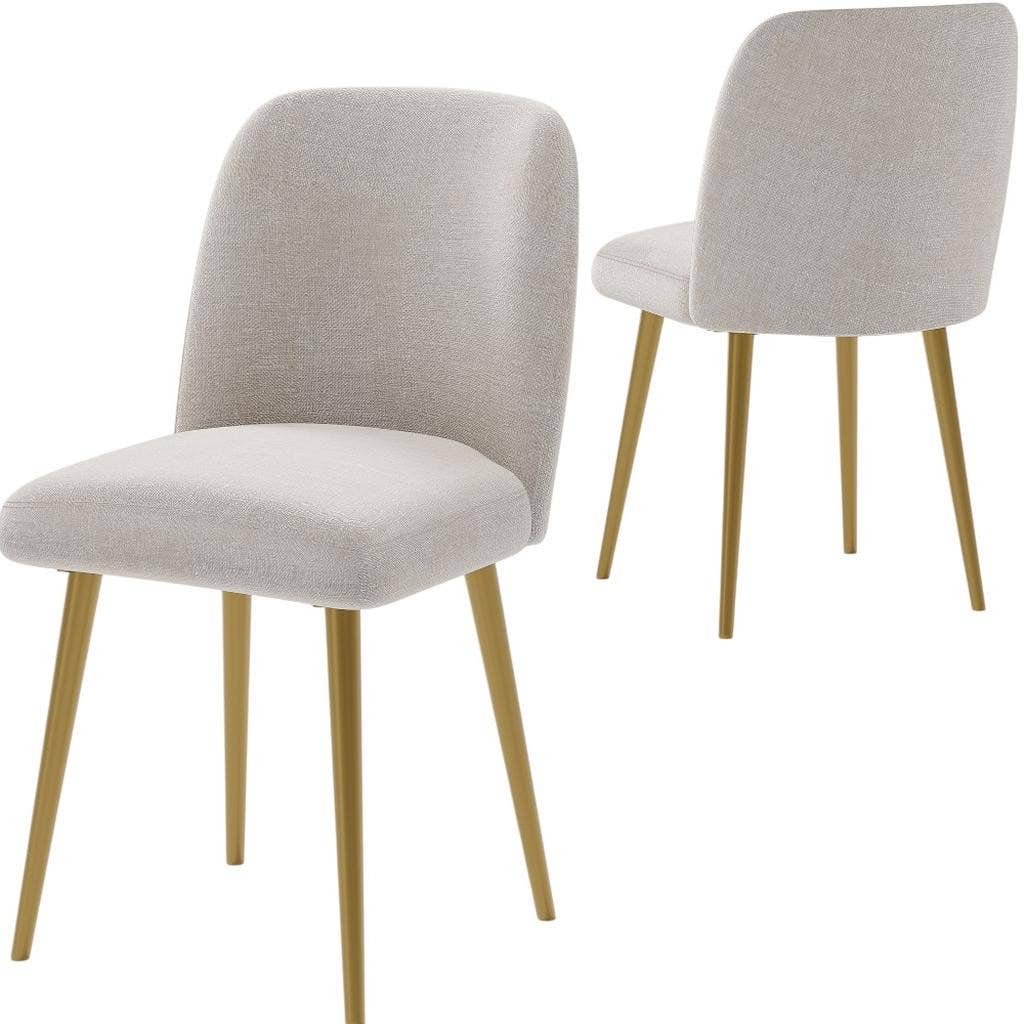 HomeRoots - Vente Chaises - Ensemble de deux chaises de salle à manger en tissu beige et or rembourré3