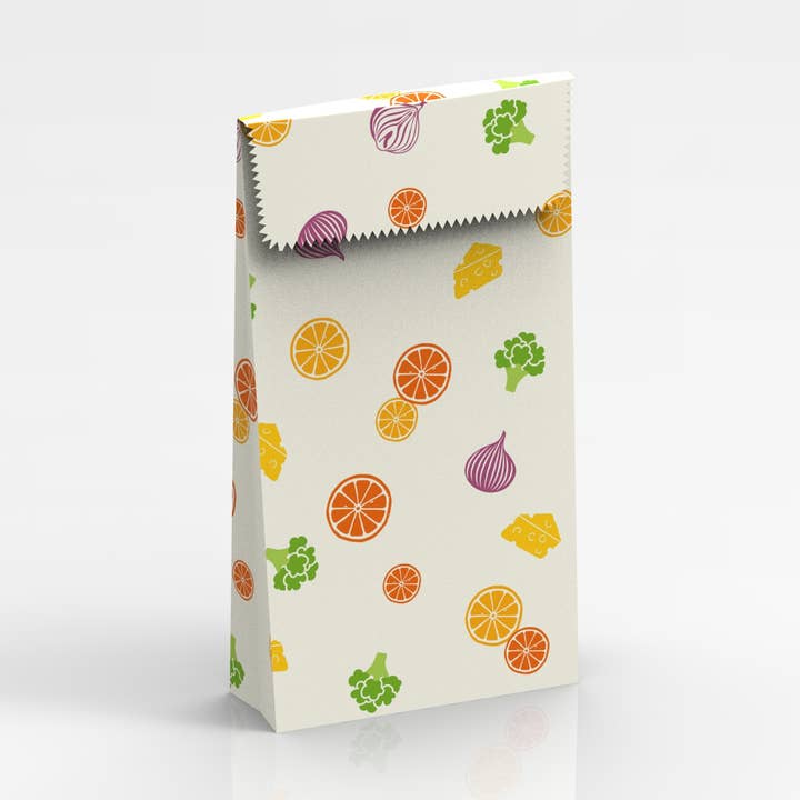 beeswax lunch bag with vegetable & fruit design for wholesale by NUTS Innovations