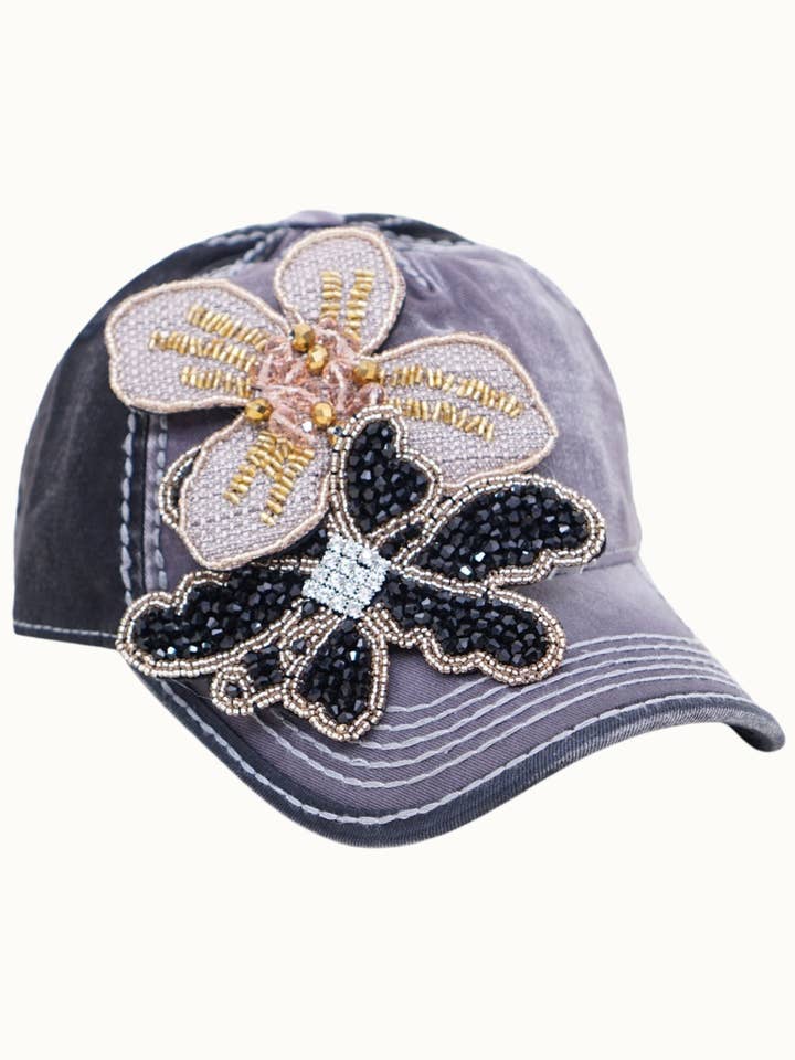 Floral Bouquet Bejeweled Bling Glitz Two Toned Cap,Adjustabe for wholesale by Olive & Pique