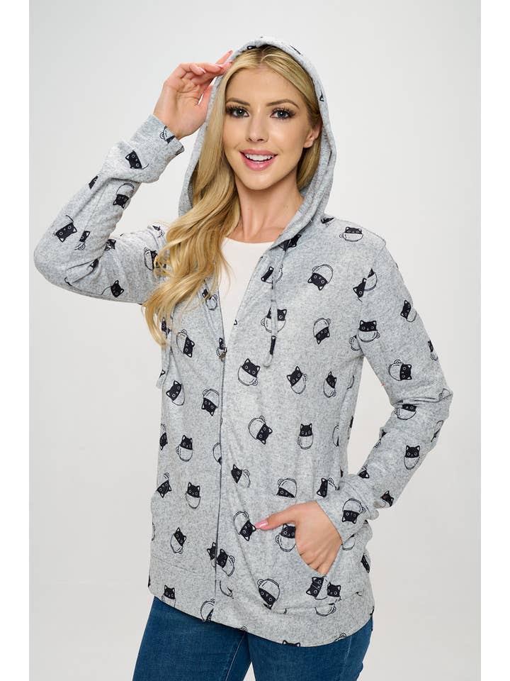 LA Soul – Engroshandel Hoodie – Kvinder – Kat I En Tekop Print Lynlås Hættetrøje2