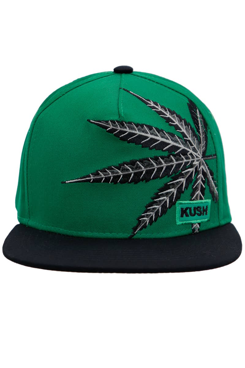 Cap Zone - Vendita all'ingrosso Cappellino con visiera piatta - Unisex - Cappellino snapback in cotone twill con grande logo foglia di marijuana Kush4
