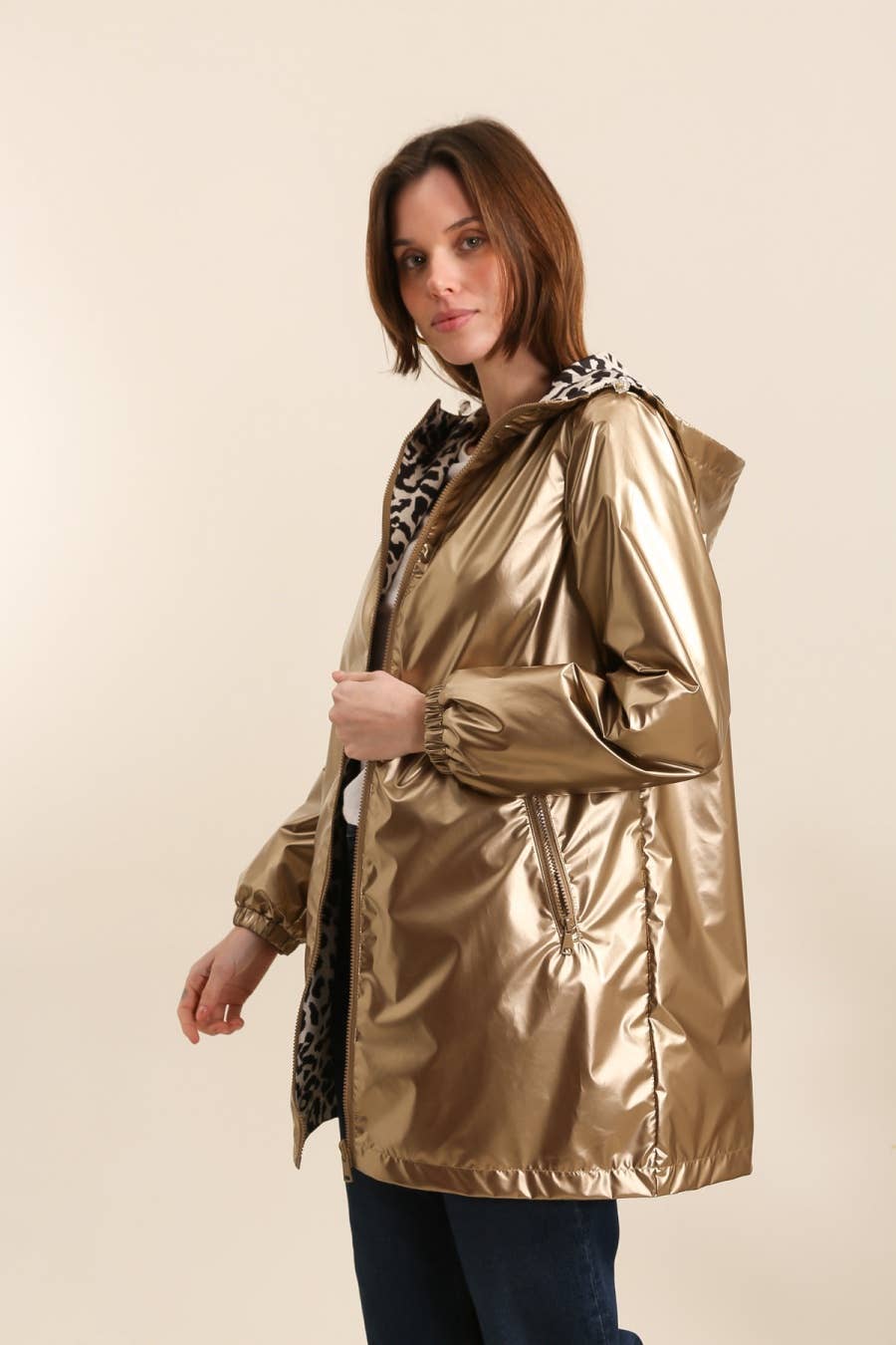 Attrait Paris - Vente Coupe-vent – femme - Coupe-vent réversible léopard mi-long à capuche3