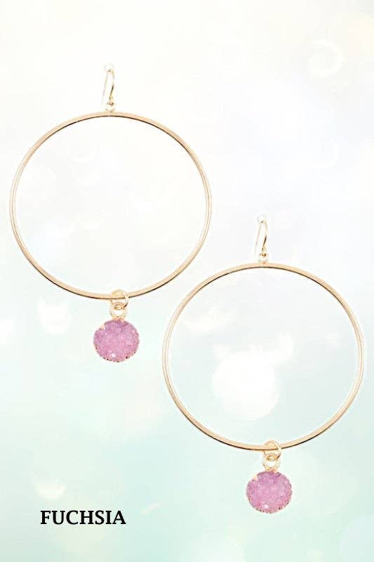 Andrea Bijoux - Wholesale Dangle Earrings - ROUND LINK FAUX DRUZY STONE HOOP EARRING4