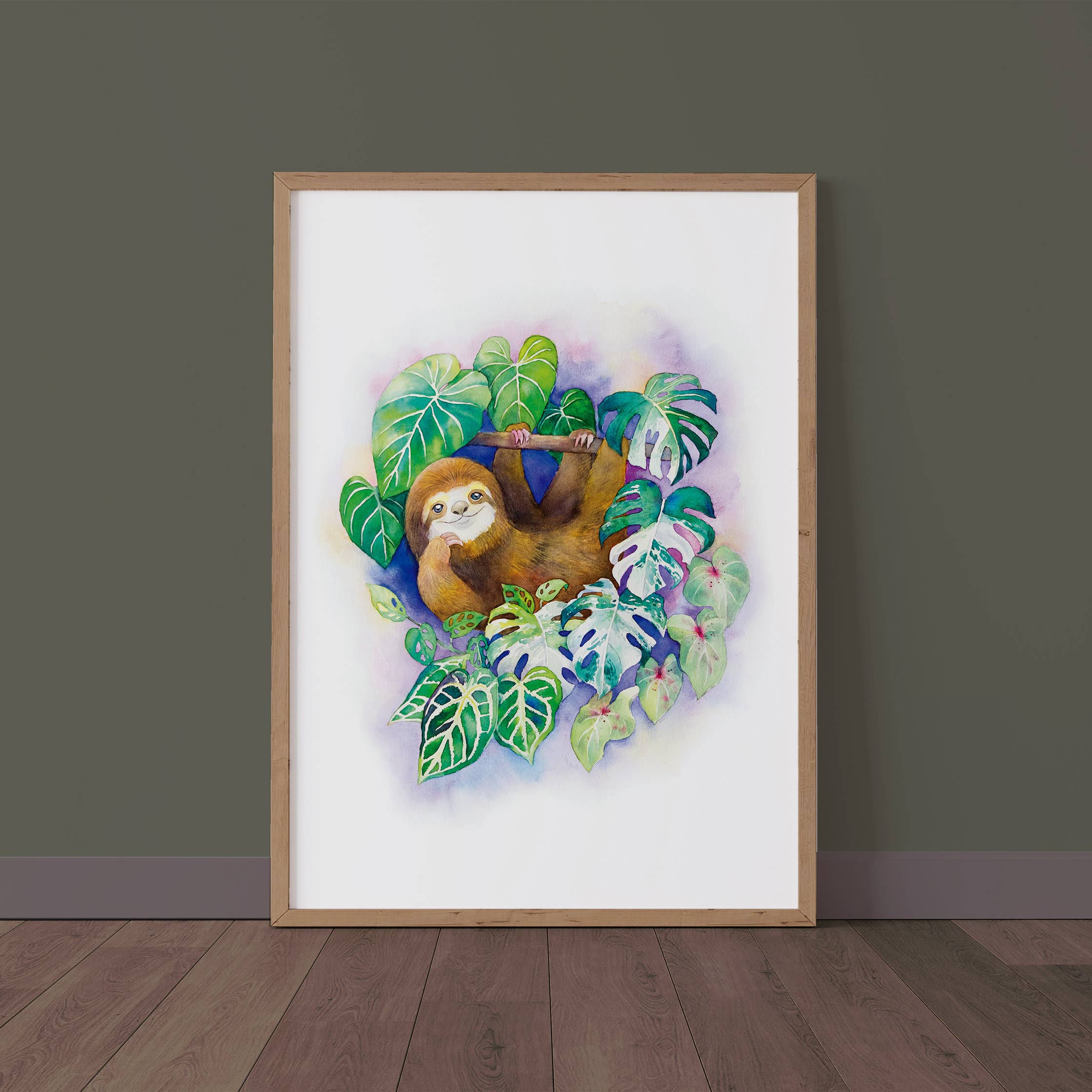 Watercolour By Cat - Vente Affiche d'art - Paresseux dans la forêt tropicale//Impression d'art aquarelle//Art mural0