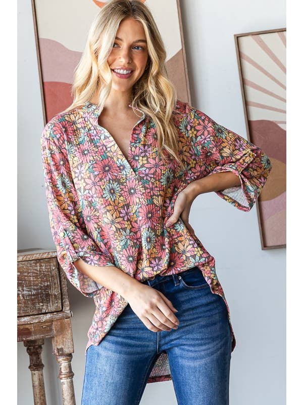 MOCHA MULTI ST1002-108 THREE QUARTER BUTTON SLEEVE MANDARIN FLORAL TOP for wholesale on Faire