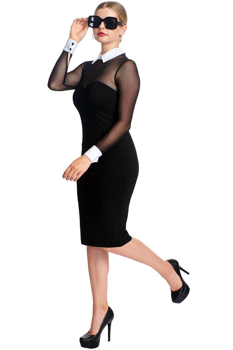 Tuxedo Illusion Dress - Black & white midi dress with mesh sleeves, contrast collar & cuffs for wholesale on Faire7