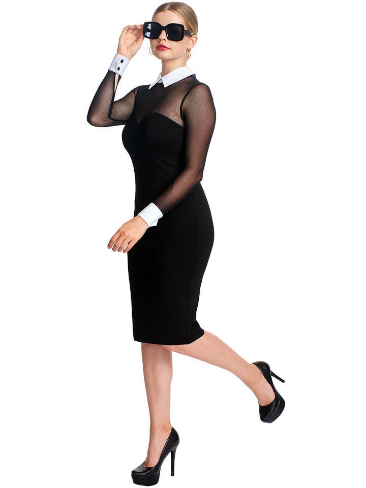 Tuxedo Illusion Dress - Black & white midi dress with mesh sleeves, contrast collar & cuffs for wholesale on Faire7
