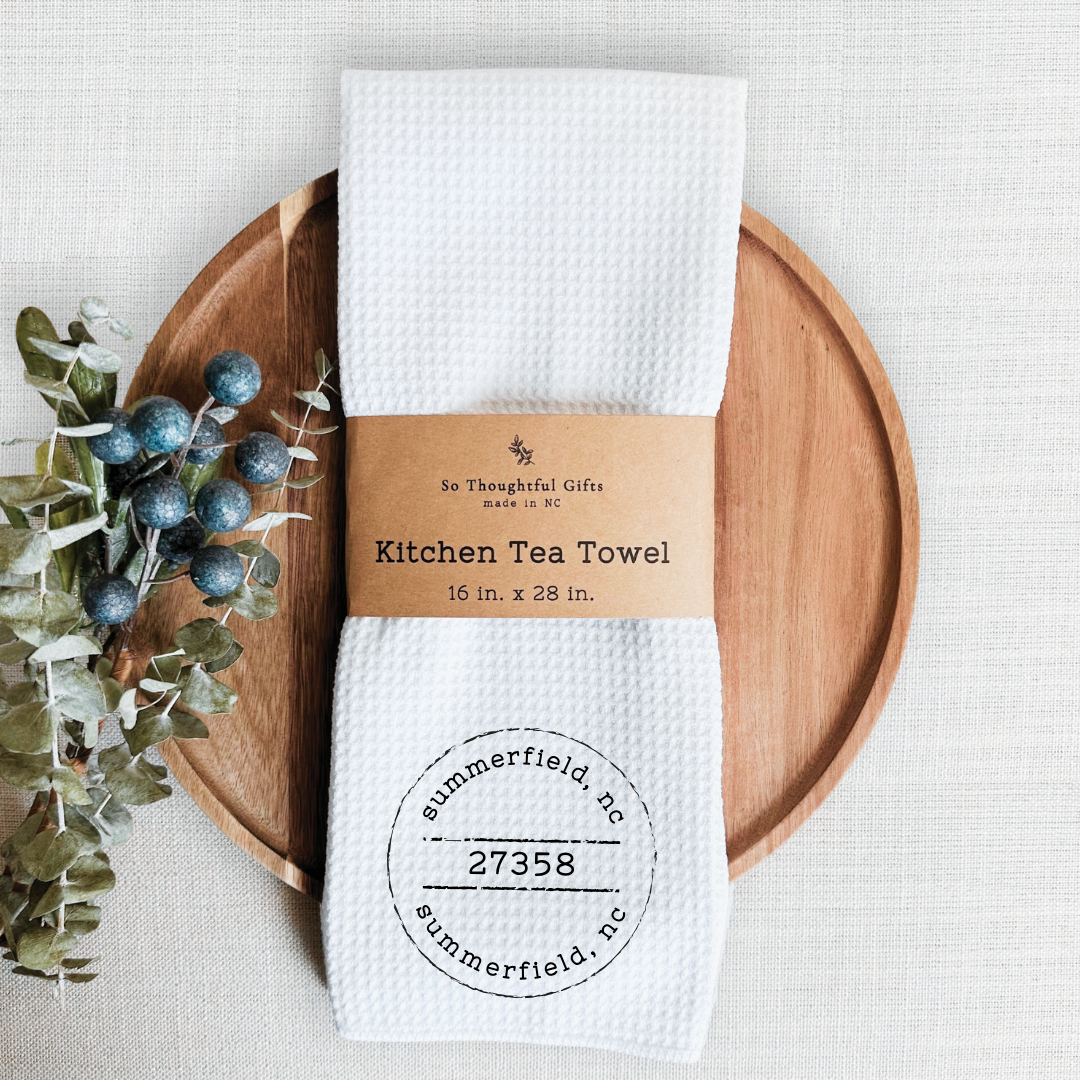 So Thoughtful Gifts - Wholesale Tea Towel - Custom Vintage Stamp Location Dish Towel | Kitchen Towel1