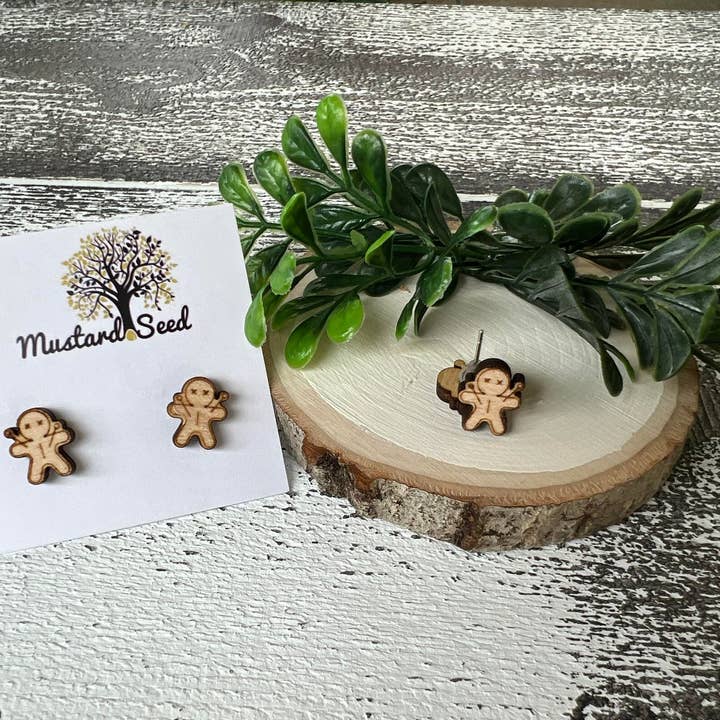 Voodoo Doll Halloween Wood Stud Earrings l Birch for wholesale by Traveling Sparrow