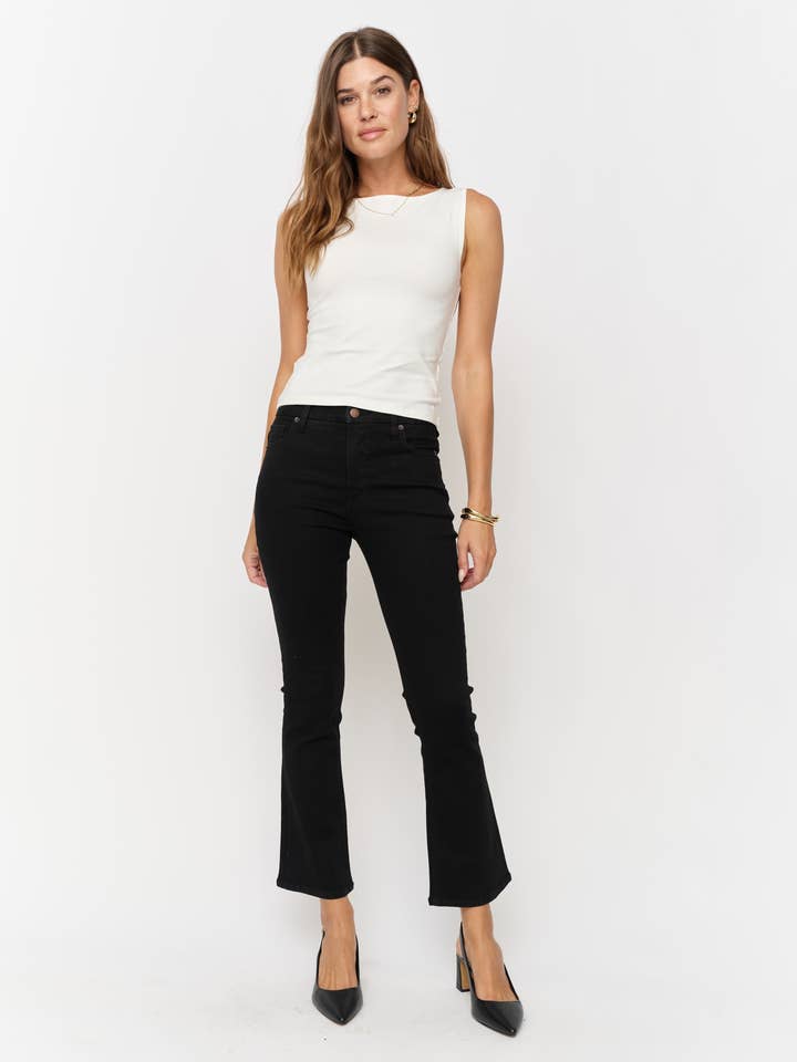 Palmer Mid Rise Crop Kick Flare, Sculpt+ Jet Black for wholesale by Oliver Logan