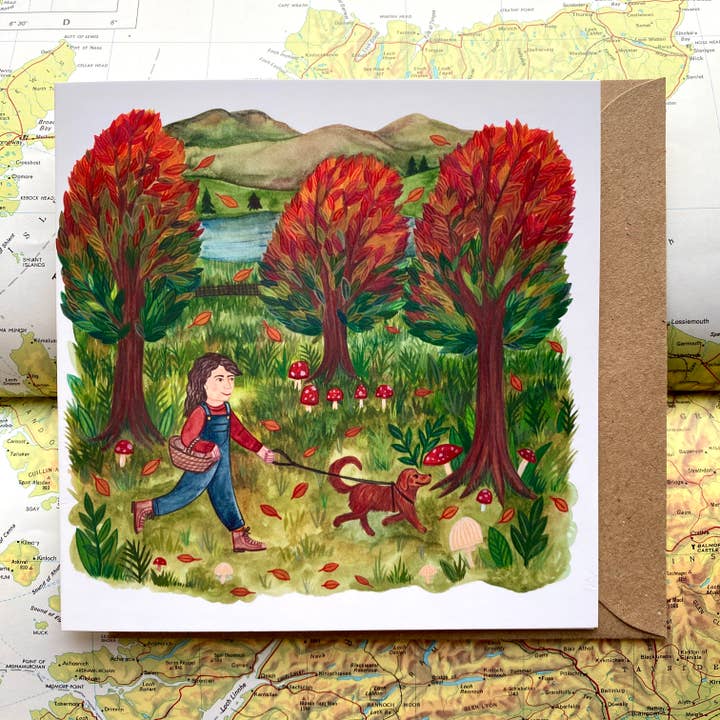 Dog walks in the Woods Greeting Card for wholesale by Samantha Dolan