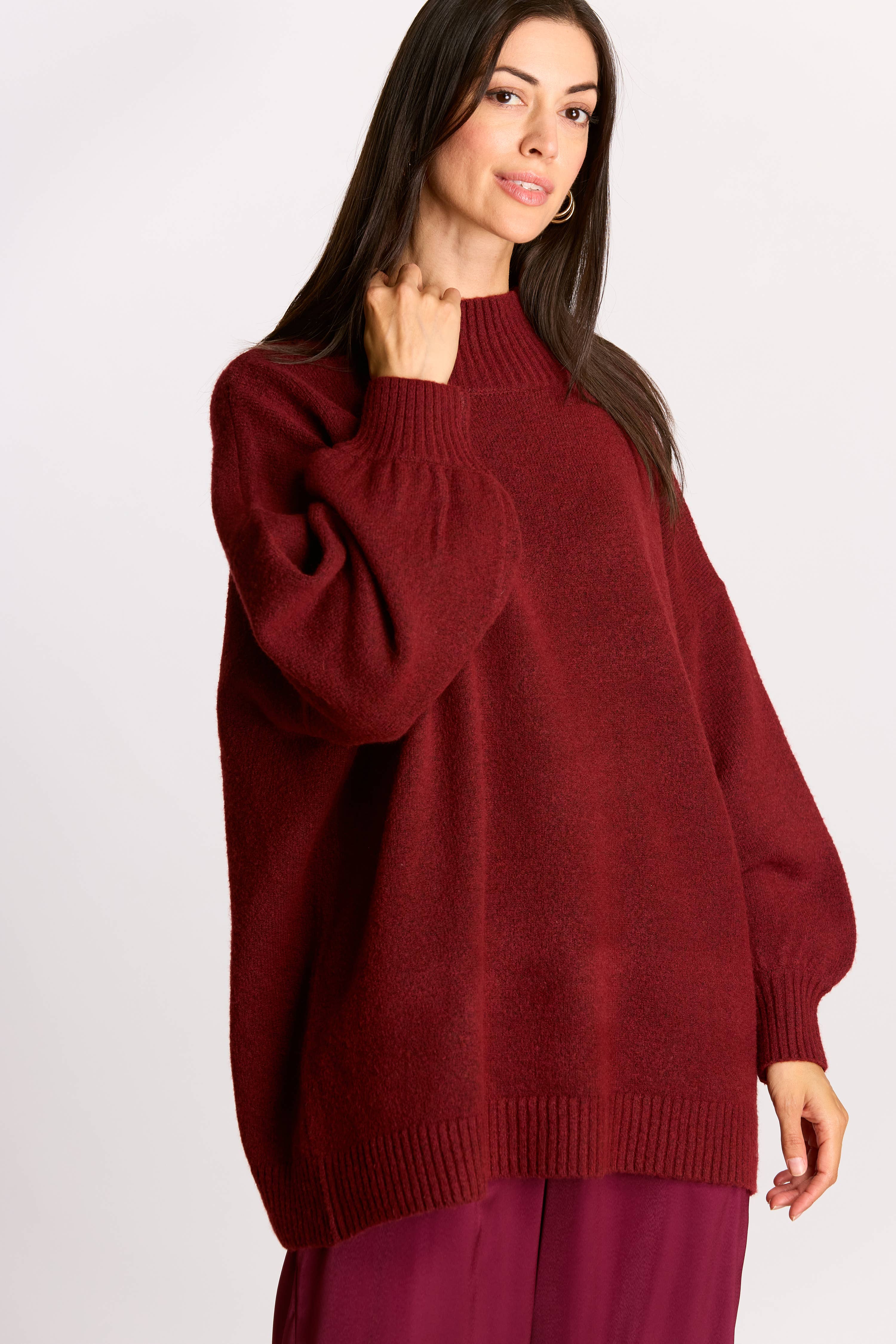Maroon Knit Ribbed Funnel Neck Oversized Pullover for wholesale on Faire11