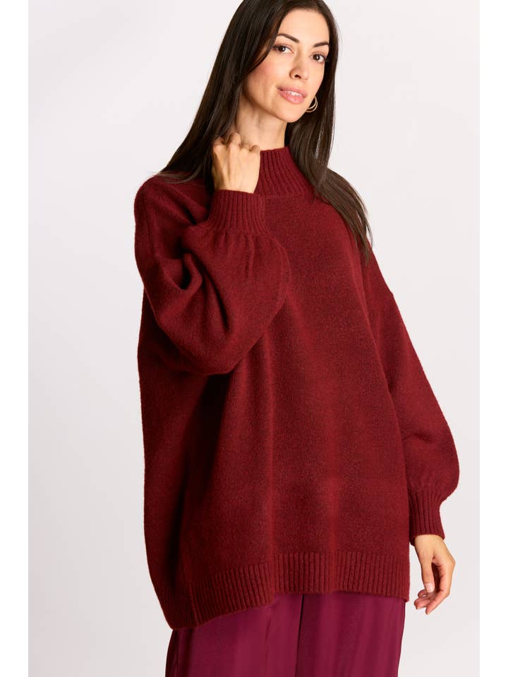 Maroon Knit Ribbed Funnel Neck Oversized Pullover for wholesale on Faire11