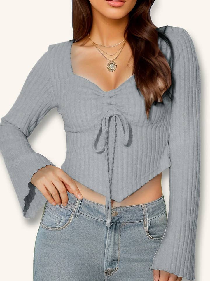 NINEXIS - Wholesale Blouse - Women's - CWTBLL3790_V NECK DRAWSTRING FLARE SLEEVE CROP TOP3