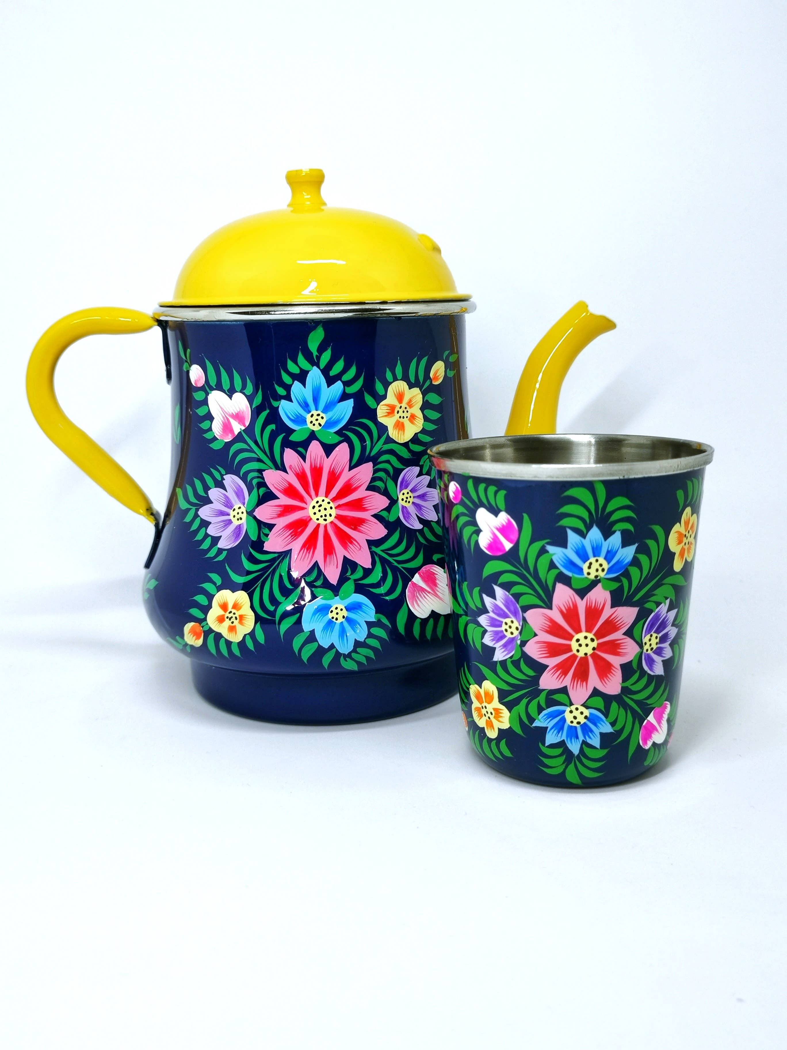 Nayda Diaries - Wholesale Tea Pot - Indian enamel teapot with navy blue flower pattern1