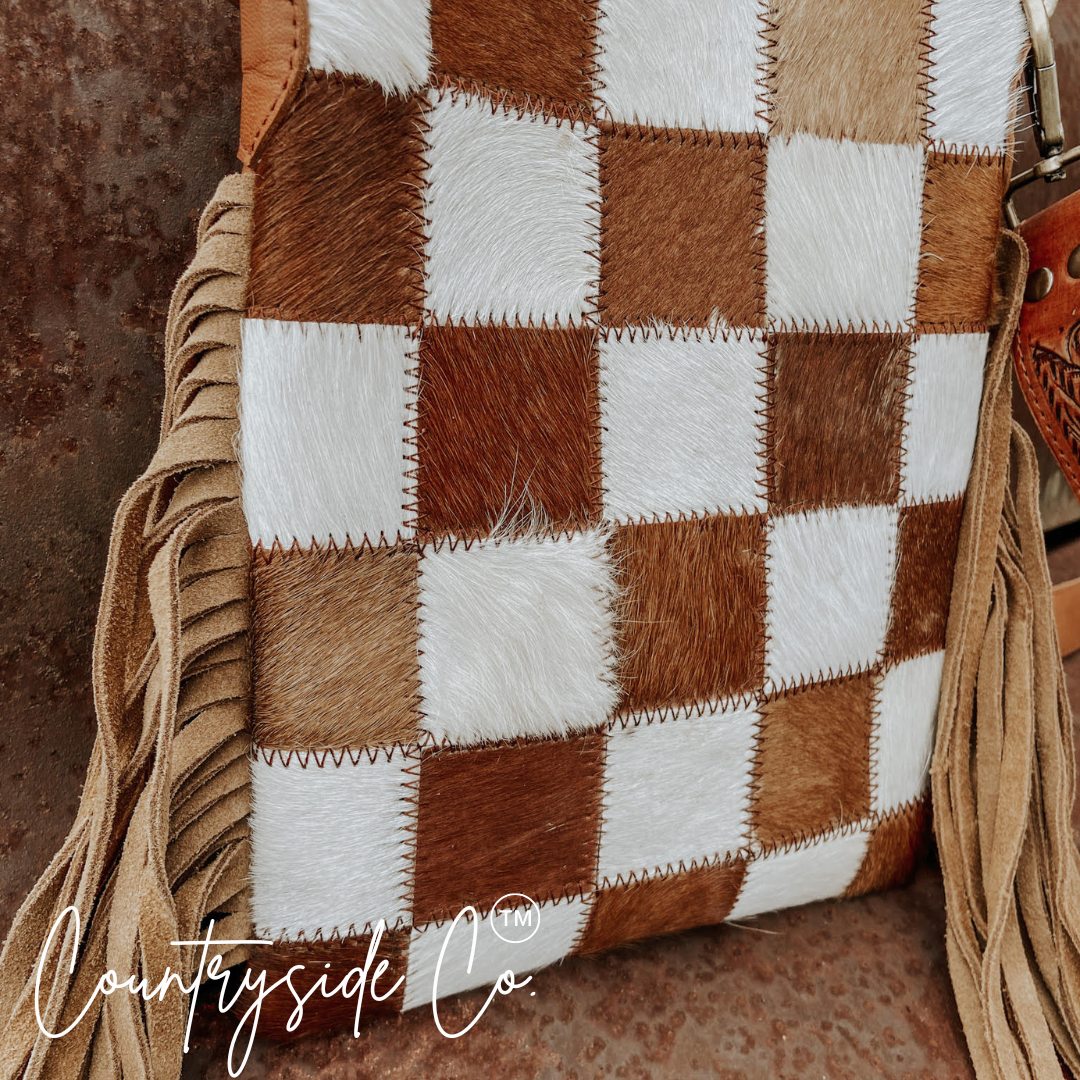 Texas Western Cowhide Bags and More - Wholesale Crossbodytas - Dames - Stockdale Geruite Koeienhuid Franje Tas, Bruin & Wit5