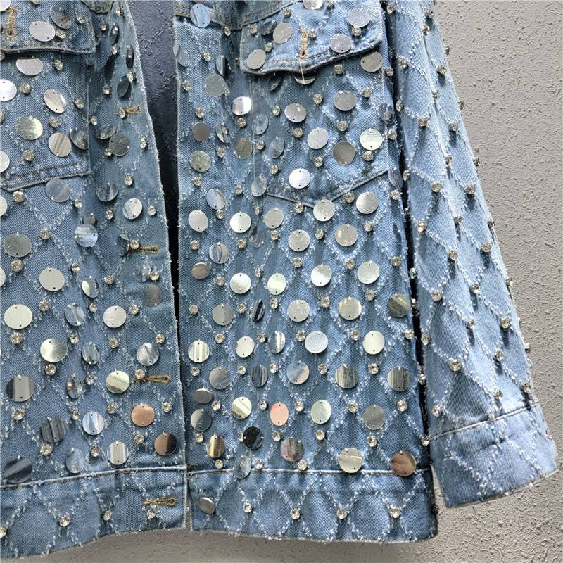 bleu Veste en jean chic avec sequins en motif diamant en vente sur Faire3
