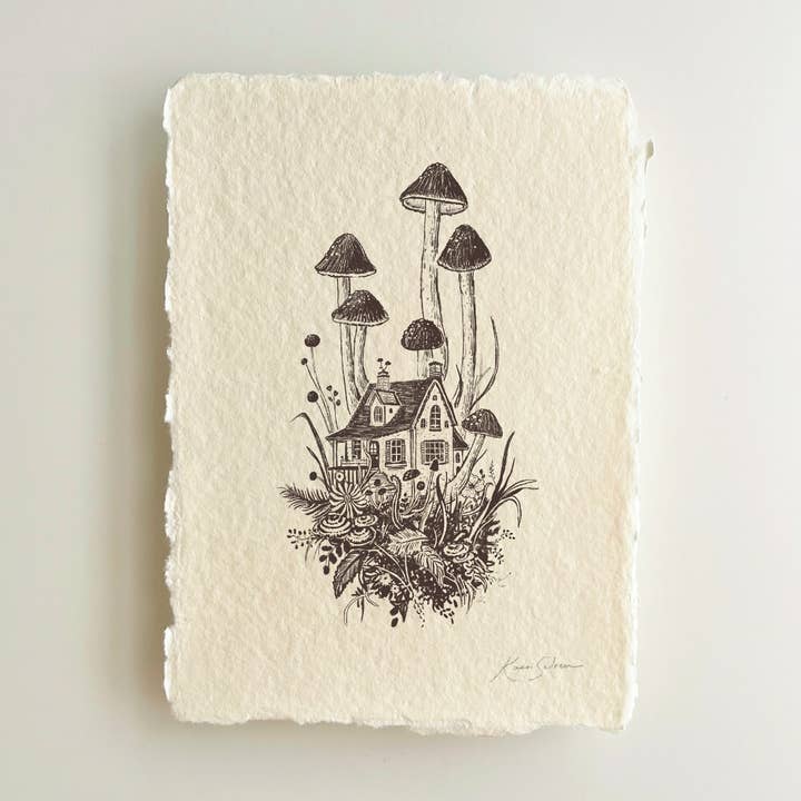 Mushroom House IV Heirloom Art Print on Handmade Paper for wholesale by Kaari & Co.