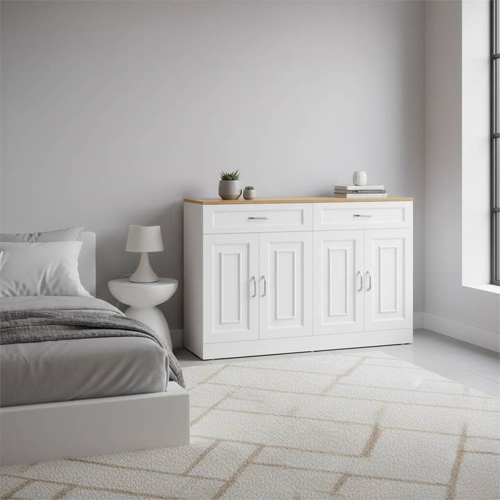 Urban Meuble - Wholesale Cabinet - Wood and white effect sideboard with 4 doors and 2 drawers 120*35cm OPALPHYT2