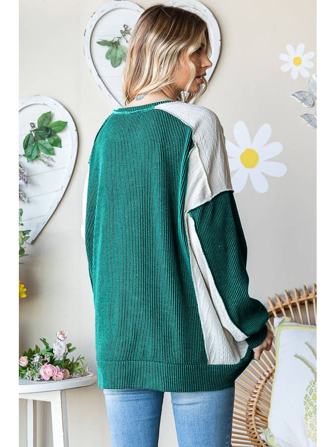 7th Ray - Wholesale Knit Top - Women's - Rib Color Block Hi Low Hem Drop Shoulder Pullover Top T5412