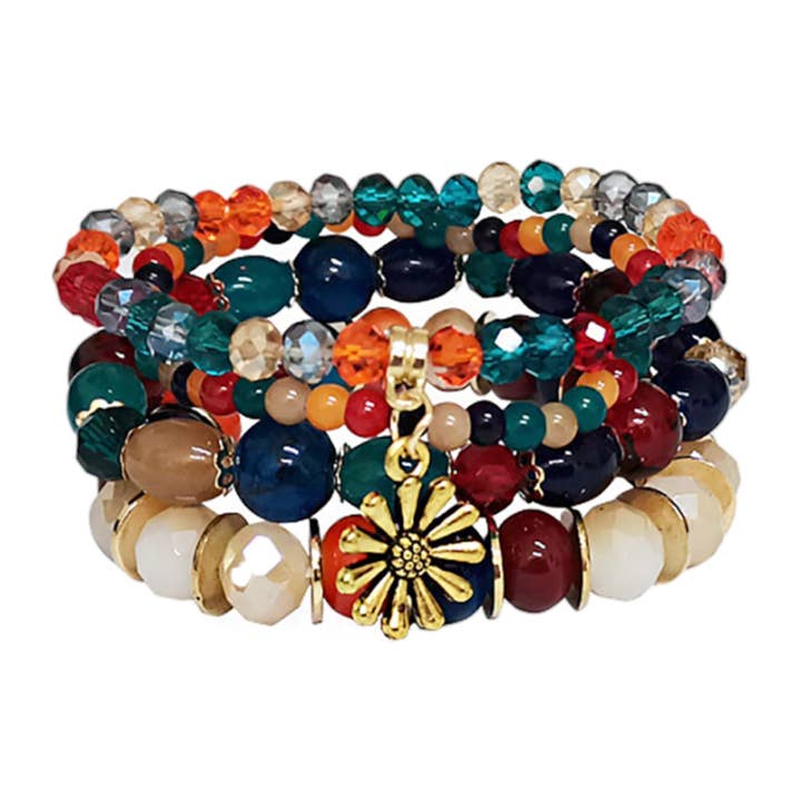 ASSORTED Flower Charm Glass Bead Bracelet BR2521-70.(12PC) for wholesale on Faire2