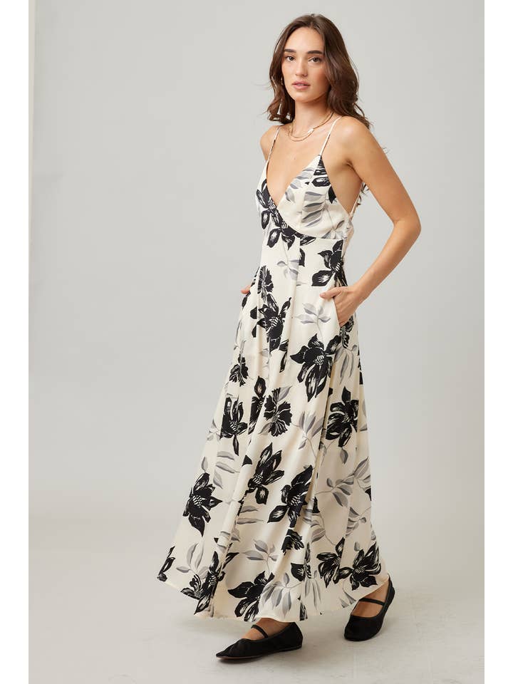 IVORY Fall Holiday Floral Printed Satin Open Back Maxi Dress for wholesale on Faire2