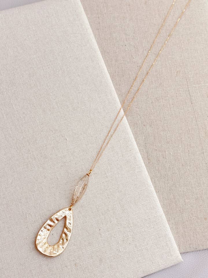Romantic Gold Hammered Teardrop Pendant Long Necklace for wholesale by Gracie Rose Designs