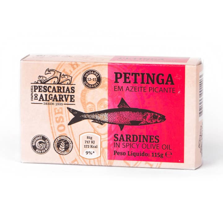 Petites sardines à l'huile d'olive épicée de Pescarias do Algarve pour la vente par Portugalia Imports