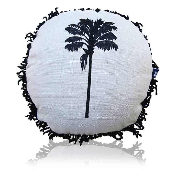 Rund fransad broderad kudde i Coco Cabana för wholesale av Libby Watkins