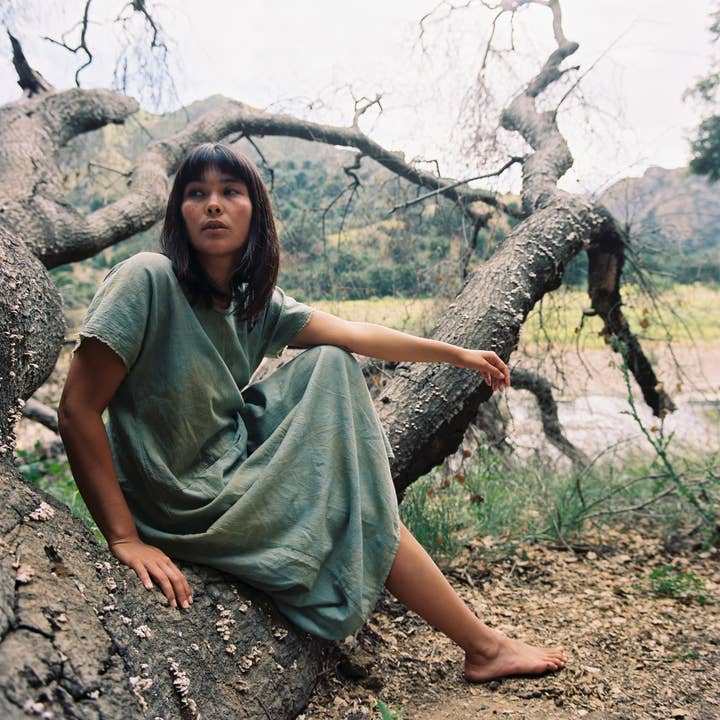 Plant dyed Ritual dress in Tulsi for wholesale by rainbow + yarrow