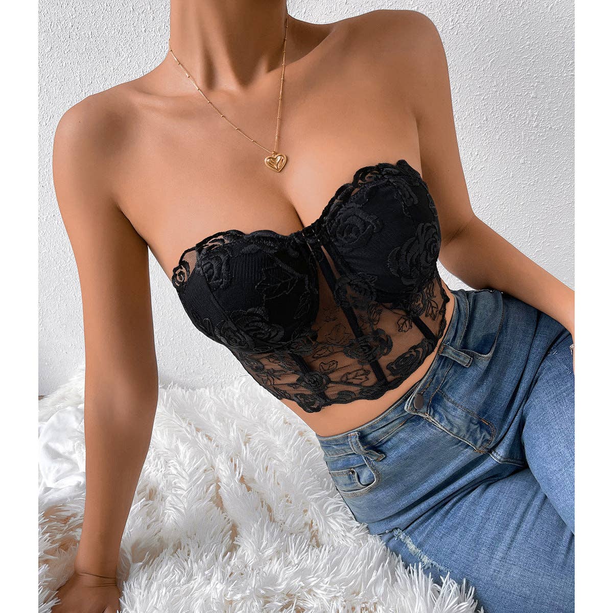 Sweetkama – wholesale Korsett – Dam – Sweetkama damkorsett utan axelband med rosbroderi i spets6