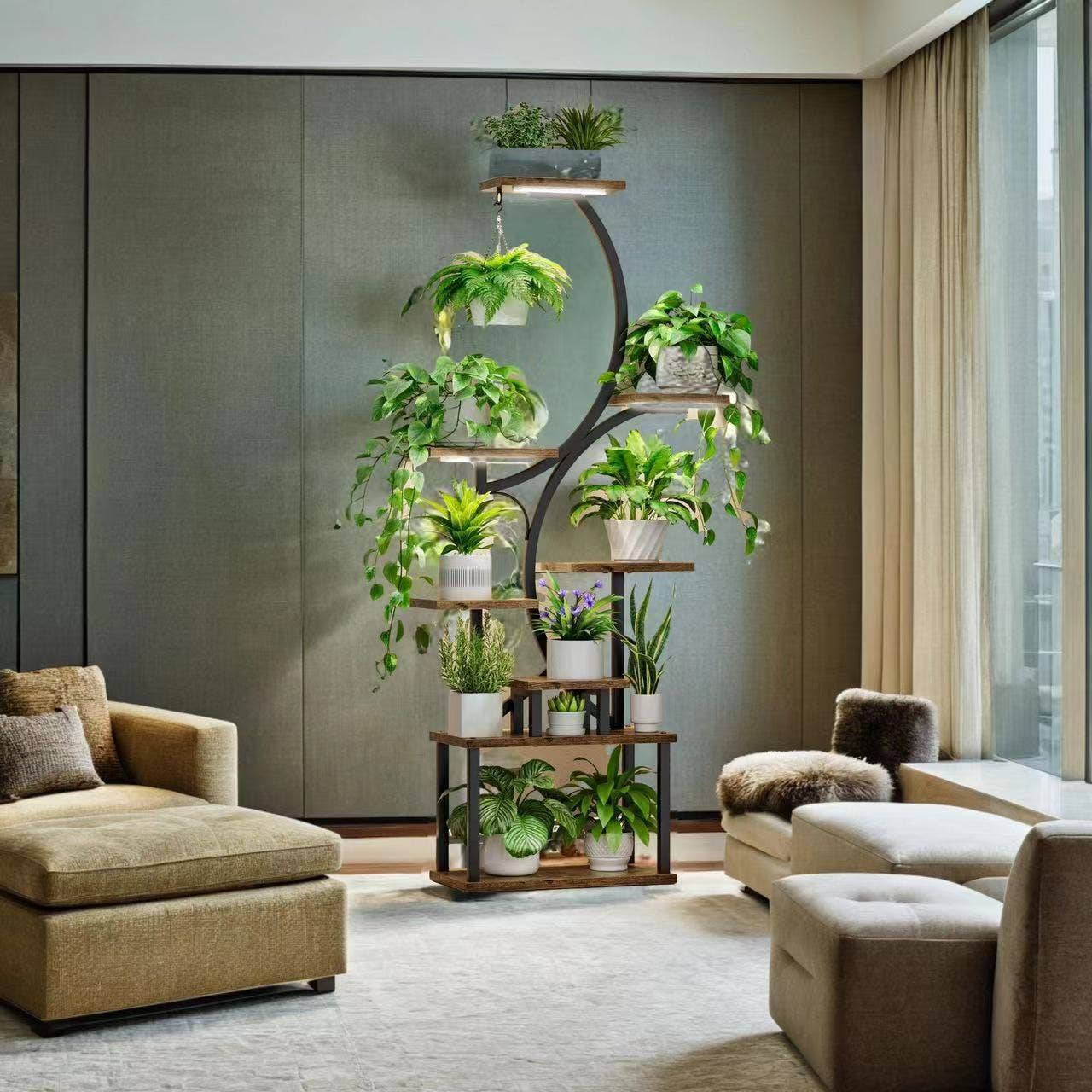 39F Inc. – Großhandel Blumentopfständer – 8-stufiger Pflanzenständer mit Wachstumslichtern, 155 cm hoch, Metall, Schwarz4