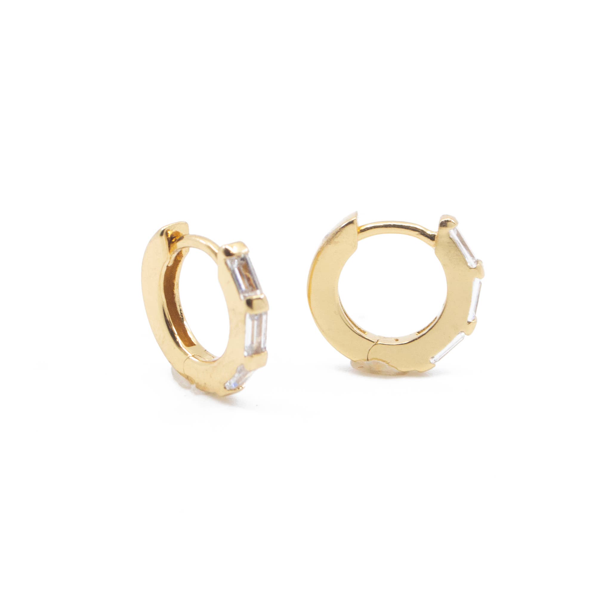 The Land of Salt - Wholesale Huggie Earrings - Clear CZ Baguette Huggie Hoops in Gold - Earrings3
