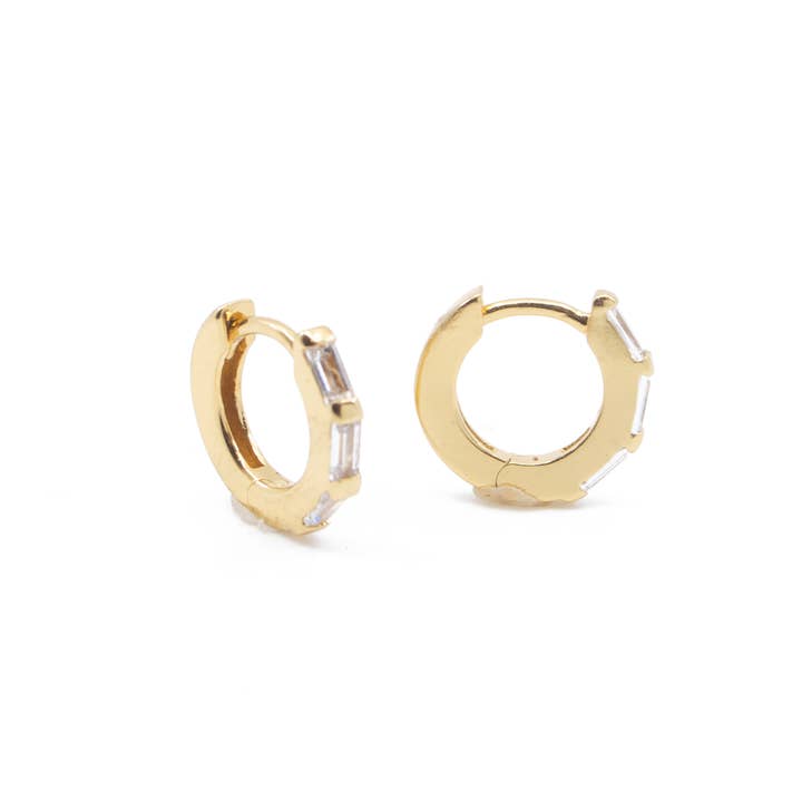 The Land of Salt - Wholesale Huggie Earrings - Clear CZ Baguette Huggie Hoops in Gold - Earrings3