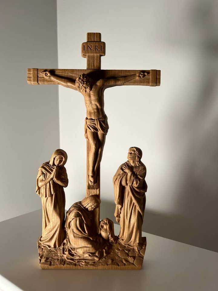 Wall Wooden Carved Golgotha on stand for wholesale by KozakWorkshop