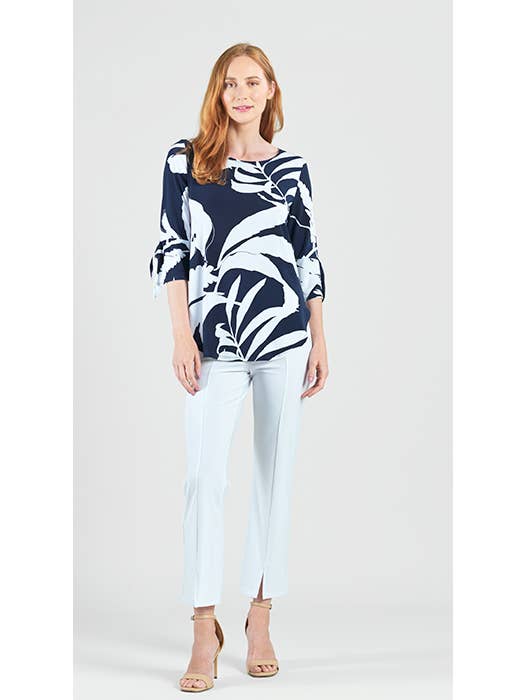 Navy White TU331P2 - Tie Cuff Curved Hem Tunic - Abstract Branch for wholesale on Faire