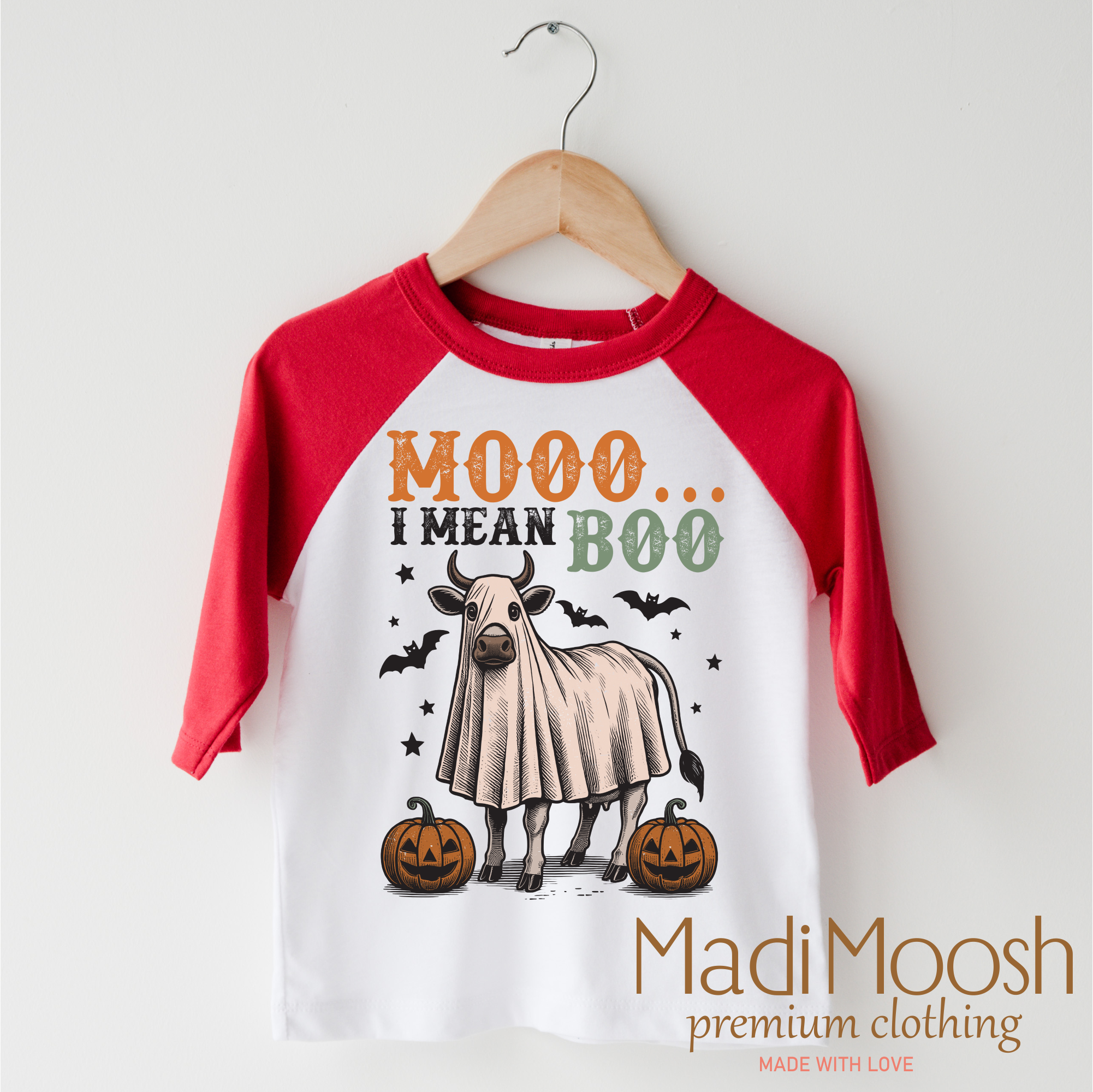Madi Moosh – T-shirts estampadas – Criança por atacado – Camisa Retro de Halloween Moo I Mean Boo - Camiseta Country Halloween2