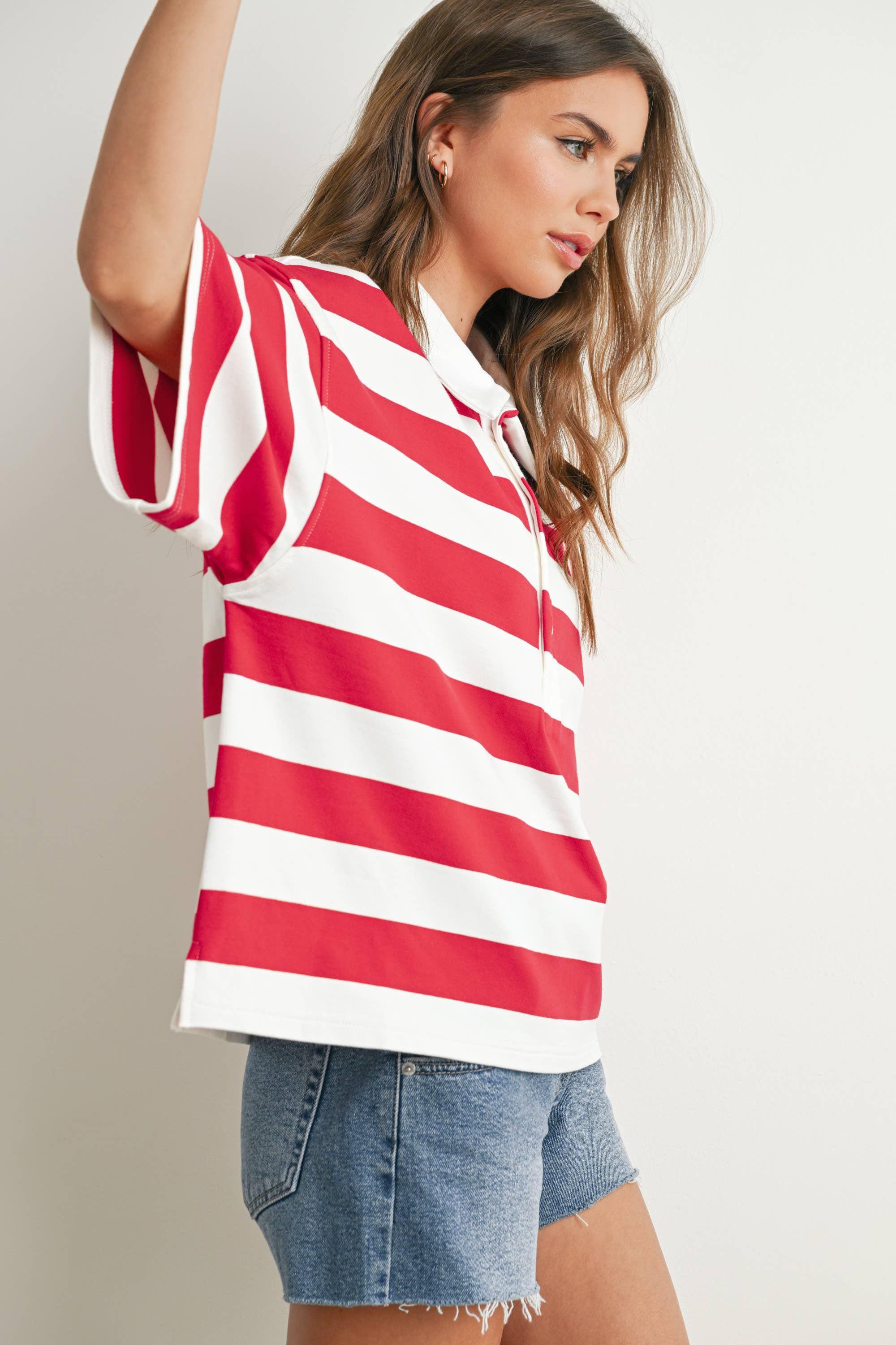 BUTTERMELON - Wholesale Polo - Women's - Striped Oversized Polo Shirt - BMT77109
